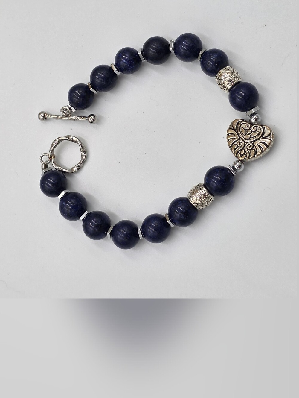 Handmade Navy Blue Lapis Beaded Bracelet with Silver Heart Accent‎